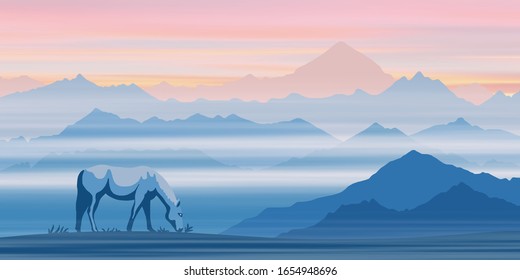 Fantasy on the theme of the mountains landscape. A horse grazes,  morning haze. Panoramic view, vector illustration.