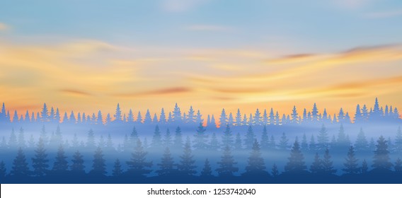 Fantasy on the theme of the northern landscape, a bright sunset in the Siberian taiga, vector illustration, EPS10