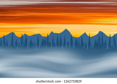 Fantasy on the theme of the northern landscape, a bright sunset in the Siberian taiga, vector illustration, EPS10
