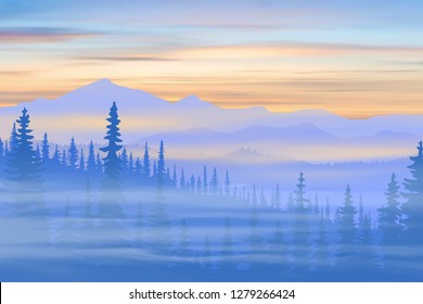 Fantasy on the theme of the northern landscape, a bright sunset in the Siberian taiga, vector illustration, EPS10