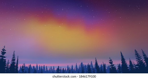 Fantasy on the theme of the northern landscape. Dusk and polar lights. Forest and sunset light. Vector illustration, EPS10.