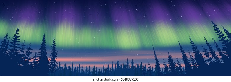 Fantasy on the theme of the northern landscape. Dusk and polar lights. Forest and sunset light. Vector illustration, EPS10.