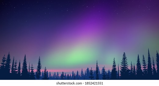 Fantasy on the theme of the northern landscape. Dusk and polar lights. Forest and sunset light. Vector illustration, EPS10.