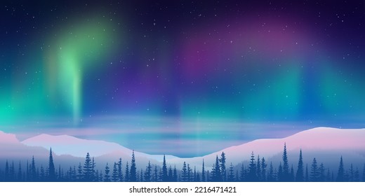 Fantasy on the theme of the northern landscape. Dusk and polar lights. Forest and sunset light. Vector illustration.