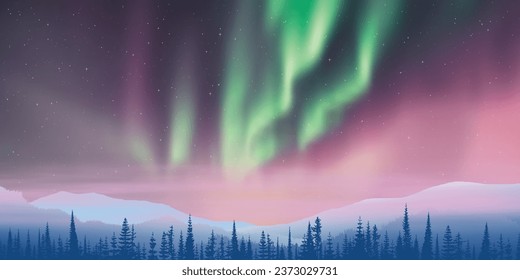 Fantasy on the theme of the northern landscape. Dusk and polar lights. Forest and sunset light. Vector illustration.