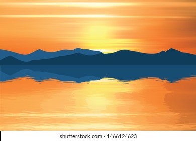Fantasy on the theme of the sea landscape, summer vacation. The mountains on the horizon, the picturesque sunset sky, a beautiful reflection in the water.