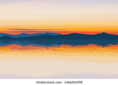 Fantasy on the theme of the sea landscape, summer vacation. The mountains on the horizon, the picturesque sunset sky, a beautiful reflection in the water.