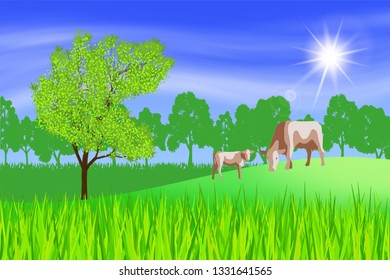 Fantasy on the theme of the spring landscape. Cows graze in the meadow, verdant hills. Sun in the blue sky, lens flare, vector illustration, EPS10