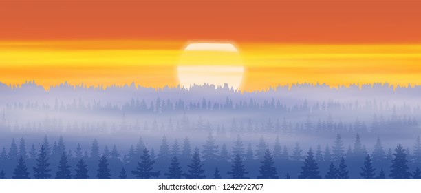 Fantasy on the theme of sunset, fog covered taiga, vector illustration, EPS10