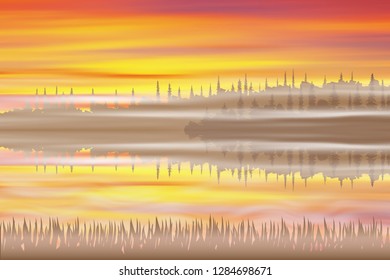 Fantasy on the theme of sunset on the lake. Bright sunset, forest, reflection. Vector illustration, EPS10