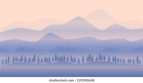 Fantasy on the theme of the taiga landscape, sunset in the mountains, panoramic view