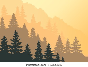 Fantasy on the theme of the taiga landscape, dawn in the mountains, vector illustration