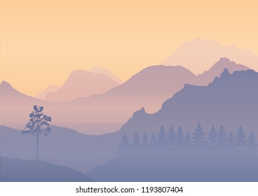 Fantasy on the theme of the taiga landscape, dawn in the mountains, vector illustration, EPS10