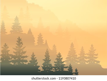 Fantasy on the theme of the taiga landscape, dawn in the mountains, vector illustration, EPS10