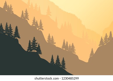 Fantasy on the theme of the taiga landscape, dawn in the mountains, vector illustration