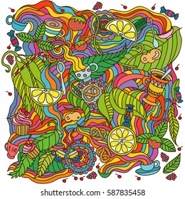 fantasy on the theme of tea. Cartoon vector  tea time  pattern. Sketchy background