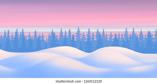 Fantasy on the theme of the winter landscape. Sunset sky, forest and snow drifts. Vector illustration, EPS10