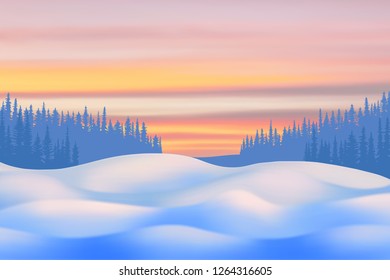 Fantasy on the theme of the winter landscape. Dawn sky, forest and snow drifts. Vector illustration, EPS10