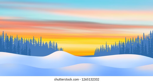 Fantasy on the theme of the winter landscape. Dawn sky, forest and snow drifts. Vector illustration, EPS10