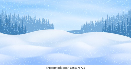 Fantasy on the theme of the winter landscape. Falling snow, forest and snow drifts. Vector illustration, EPS10