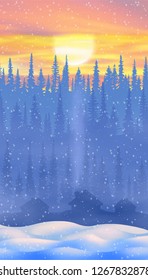 Fantasy on the theme of the winter landscape. Sunset sky, village in the forest and snow drifts. Vertical banner, EPS10