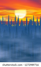 Fantasy on the theme of the winter landscape. Sunset sky and forest. Vertical banner, EPS10