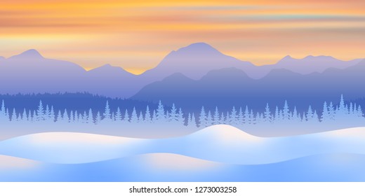 Fantasy on the theme of the winter landscape. Snow drifts, forest and mountains. Vector illustration, EPS10