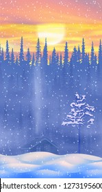Fantasy on the theme of the winter landscape. Sunset, forest and small hut. Vertical banner, EPS10