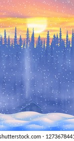 Fantasy on the theme of the winter landscape. Sunset sky, hut in the forest and snow drifts. Vertical banner, EPS10