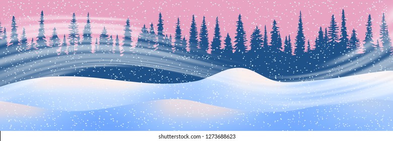 Fantasy On The Theme Of The Winter Landscape. Snow Drifts, Forest, Blizzard And Snowfall. Vector Illustration, EPS10