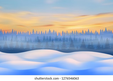 Fantasy on the theme of the winter landscape. Dawn sky, forest and snow drifts. Vector illustration, EPS10