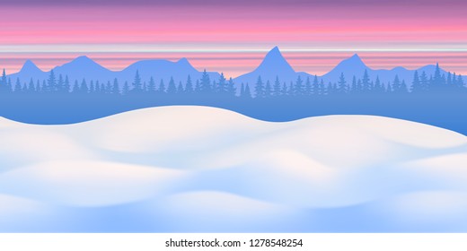 Fantasy on the theme of the winter landscape. Snow drifts, forest and mountains. Vector illustration, EPS10