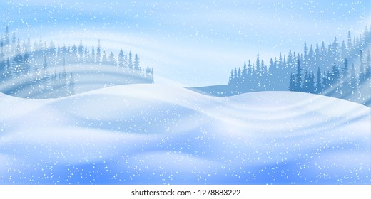 Fantasy on the theme of the winter landscape. Falling snow, forest and snow drifts. Vector illustration, EPS10