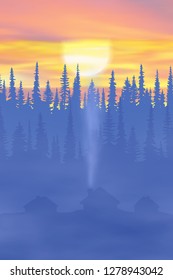 Fantasy on the theme of the winter landscape. Sunset sky, village in the forest. Vertical banner, EPS10