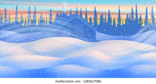 Fantasy on the theme of the winter landscape. Sunset sky, a house in the forest. Snowfall and blizzard. Vector illustration, EPS10