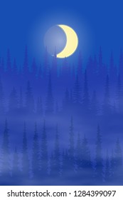 Fantasy on the theme of the winter landscape. Night, moon and forest. Vertical banner, EPS10