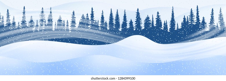 Fantasy on the theme of the winter landscape. Falling snow, forest and snow drifts. Vector illustration, EPS10