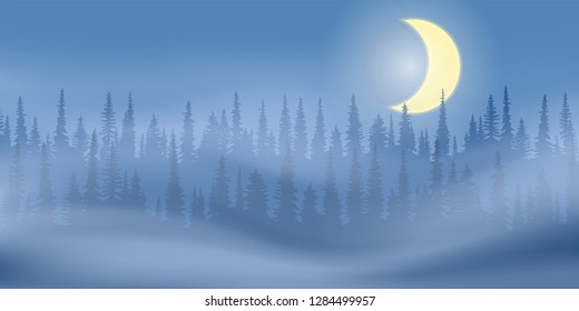 Fantasy on the theme of the winter landscape. Night, moon and forest. Vector illustration, EPS10