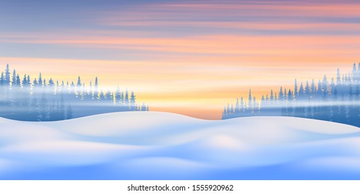 Fantasy on the theme of the winter landscape. Dawn sky and snow drifts. Vector illustration, EPS10