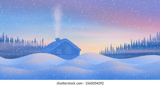 Fantasy on the theme of the winter landscape. Sunset light, small hut and forest. It snows. Vector illustration, EPS10