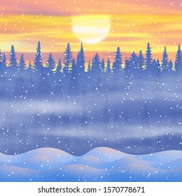 Fantasy on the theme of the winter landscape. The sun sets behind the trees. Forest and snow drifts, snowfall. Vector illustration, EPS10