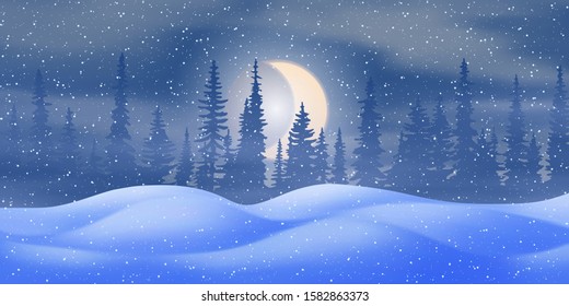 Fantasy on the theme of the winter landscape. Night, moon and forest. Snowdrifts, it is snowing. Vector illustration, EPS10
