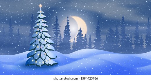 Fantasy on the theme of the winter landscape. Night, moon and forest. Snowdrifts, it is snowing. Christmas tree in a garland. Vector illustration, EPS10