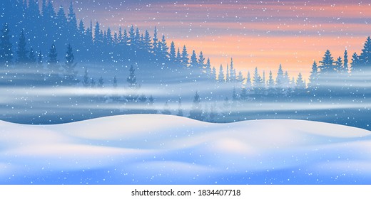 Fantasy on the theme of the winter landscape. Dawn sky and snow drifts. Vector illustration, EPS10