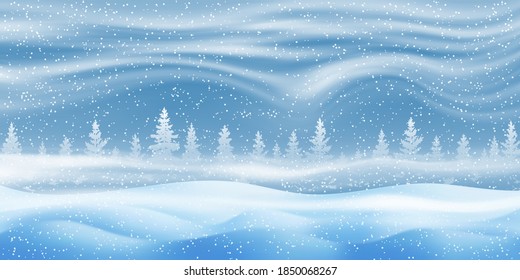 Fantasy on the theme of the winter landscape. Falling snow, forest and blizzard. Vector illustration, EPS10