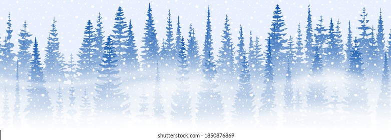 Fantasy on the theme of the winter landscape. Falling snow, forest and blizzard. Vector illustration, banner.