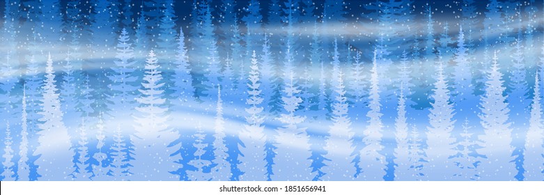 Fantasy on the theme of the winter landscape. Falling snow, forest and blizzard. Vector illustration, banner.