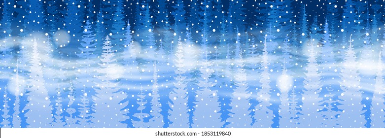 Fantasy on the theme of the winter landscape. Falling snow, forest and blizzard. Vector illustration, banner.