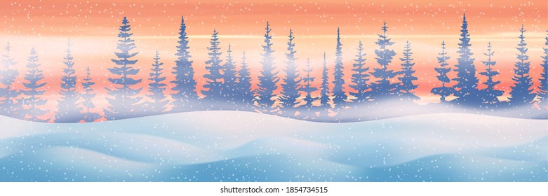 Fantasy on the theme of the winter landscape. Snow drifts, forest, blizzard and snowfall. Vector illustration, EPS10