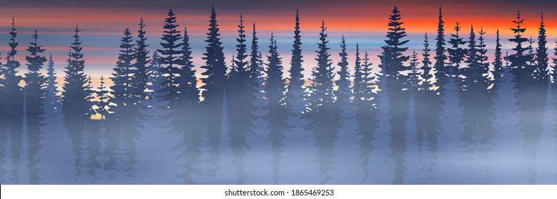 Fantasy on the theme of the winter landscape. Sunset sky, forest and fog. Vector illustration.